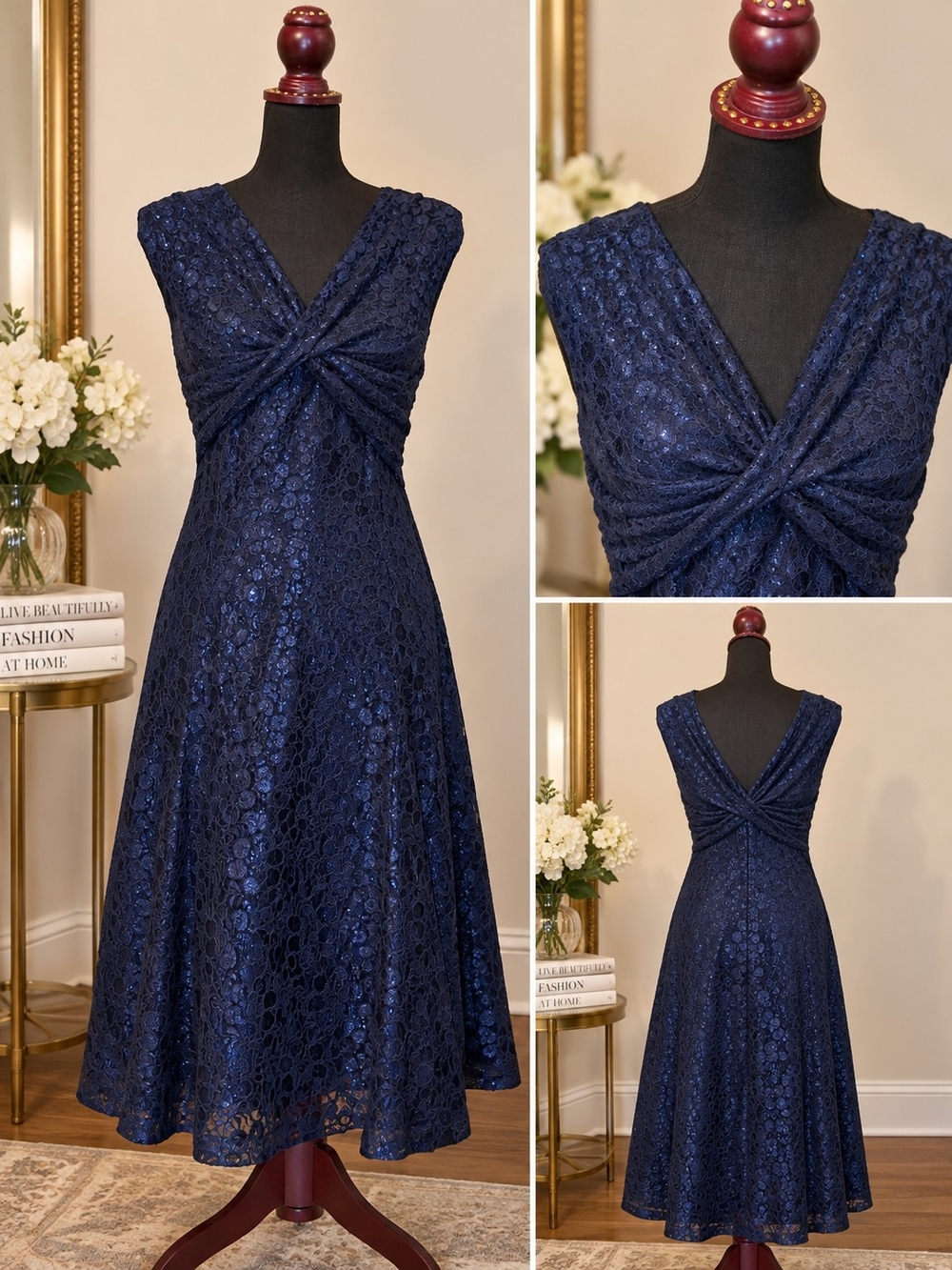 Tahari Navy Lace Midi Dress | Twist Front | Sparkle | Sleeveless | Size 8